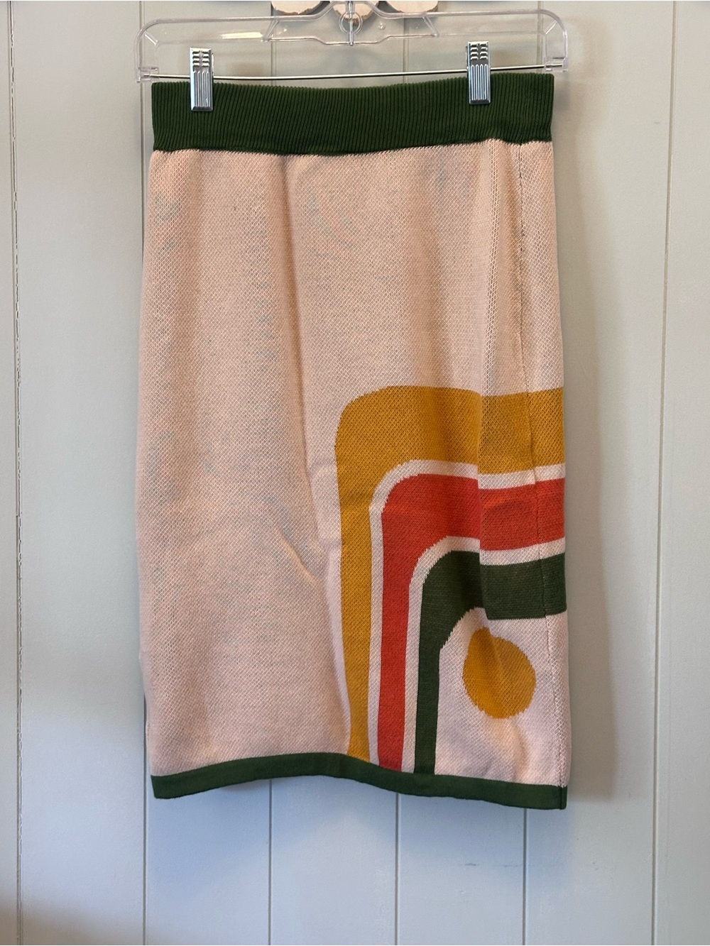 Retro Knit A-Line Skirt in Pink with Green Trim